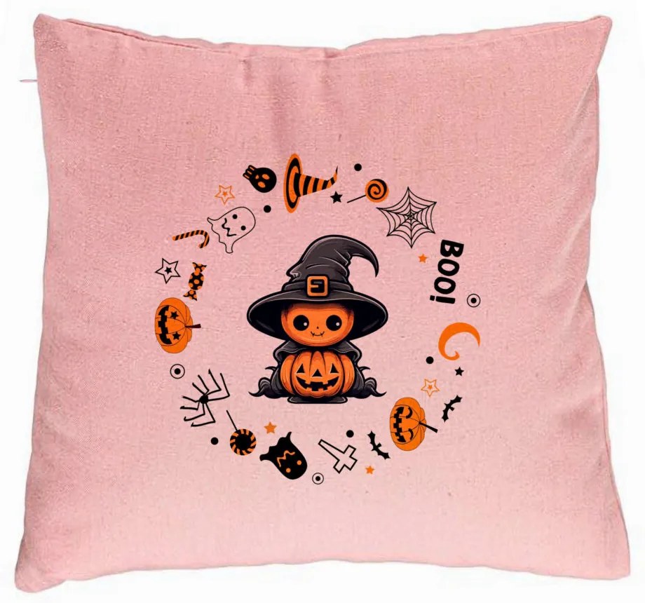 Perna Decorativa cu motiv de Halloween 7, 40x40 cm, Roz, Husa Detasabila, Burduf