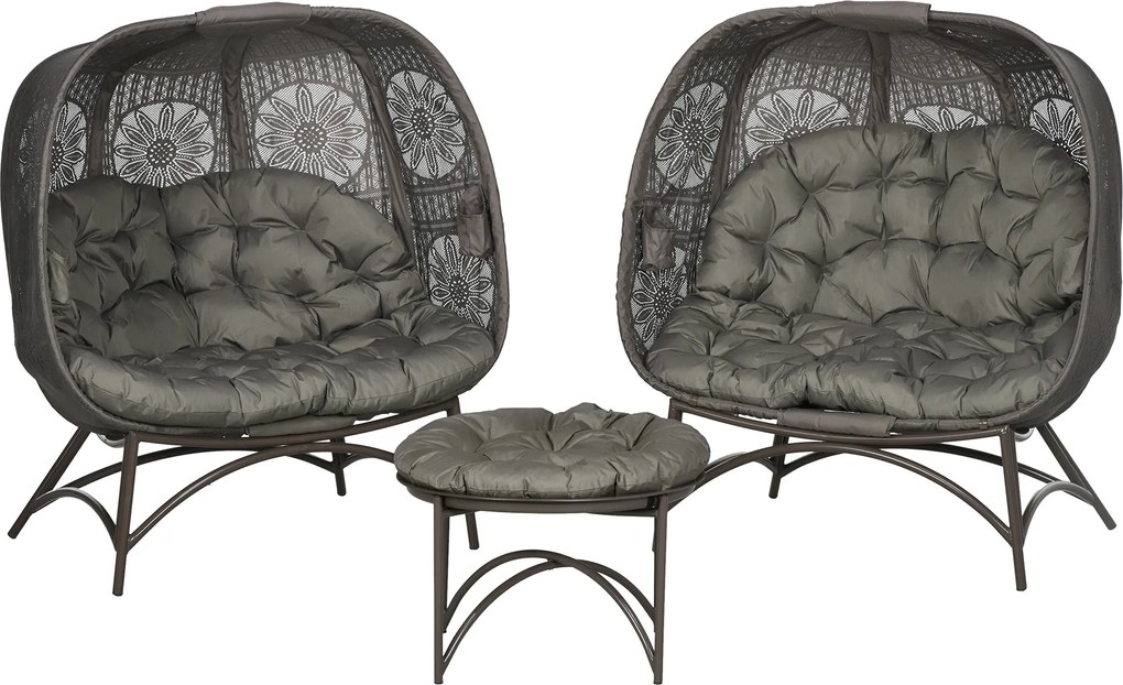 Outsunny Set de mobilier de grădină, 2 scaune din răchită cu masă auxiliară, pliabil, perne pentru șezut, cadru metalic, Culoare: Nisip | Aosom Romania