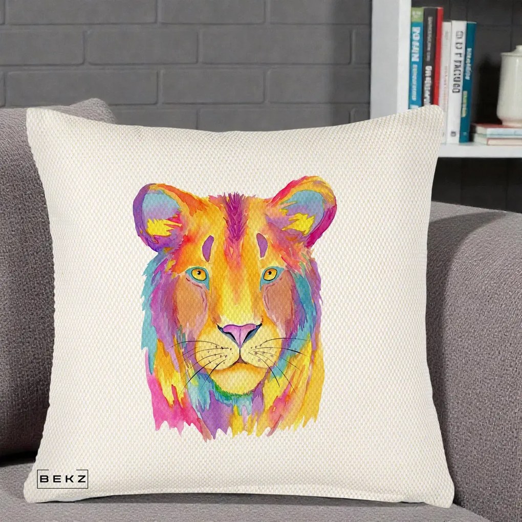 Perna Decorativa Leu Acuarela Curcubeu, 40x40 cm, Crem Reliefat, Husa Detasabila, Perna Inclusa, BEKZ®