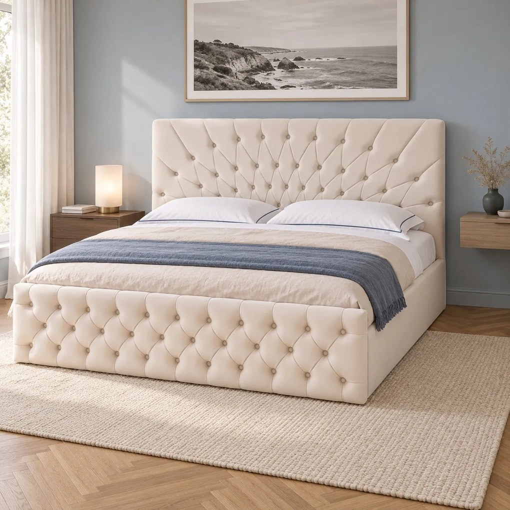 Pat tapițat Chesterfield din catifea Venezia 160×200 cm, crem, cu ladă de depozitare