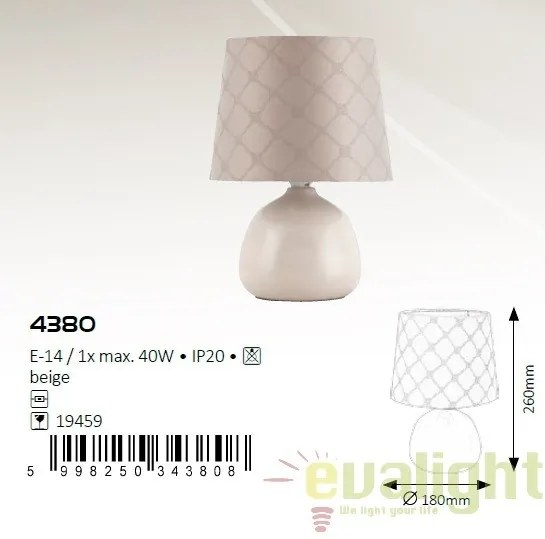 Veioza, lampa de masa, finisaj bej, diametru 18cm, Ellie 4380 RX