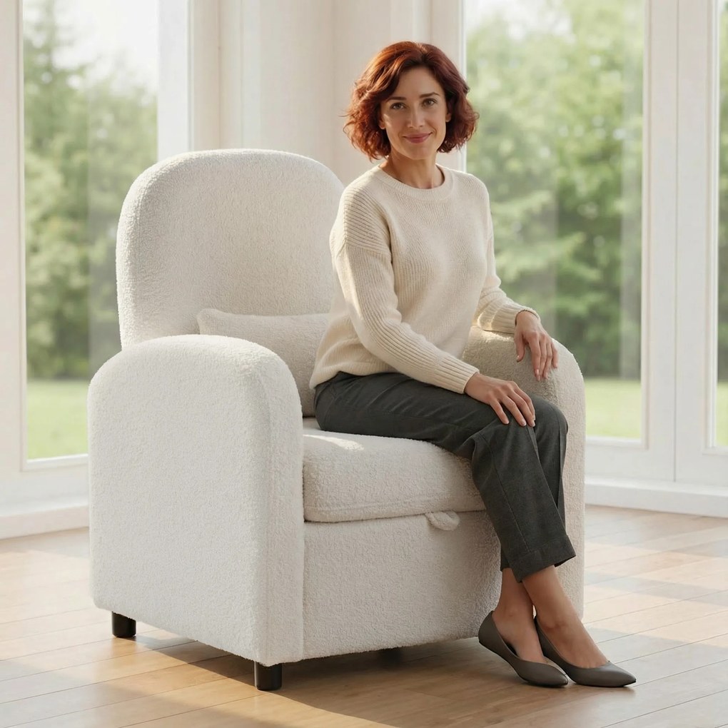 HOMCOM Fotoliu Tapițat cu Spațiu Ascuns, Spătar Înalt, Fotoliu Modern cu Brațe și Pernă Lombară, Material Teddy, pentru Dormitor și Sufragerie, Crem | Aosom Romania
