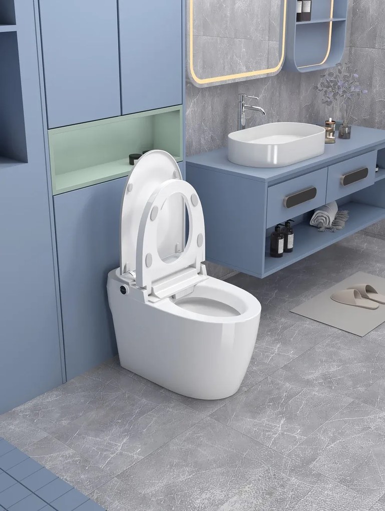 Smart WC 808 – Vas de Toaletă Inteligent cu Bideu, Sterilizare UV, Deschidere/Închidere automată, Senzor picior, Control inteligent al Temperaturii, Uscare aer cald, Iluminare de noapte, Afișaj LED, Telecomandă, Ceramică, Alb