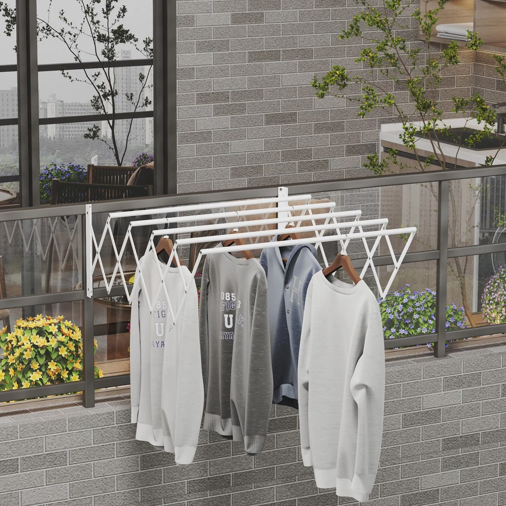 HOMCOM Uscător de Rufe Retractabil pentru Perete, Uscător Pliabil Economisitor de Spațiu din Metal pentru Interior și Exterior, 63,5x60x20 cm, Alb | Aosom Romania