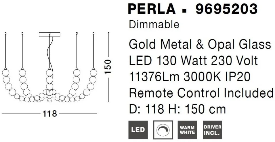 Lustra LED cu 5 pendule, dimabila, deosebita design lux PERLA opal, auriu