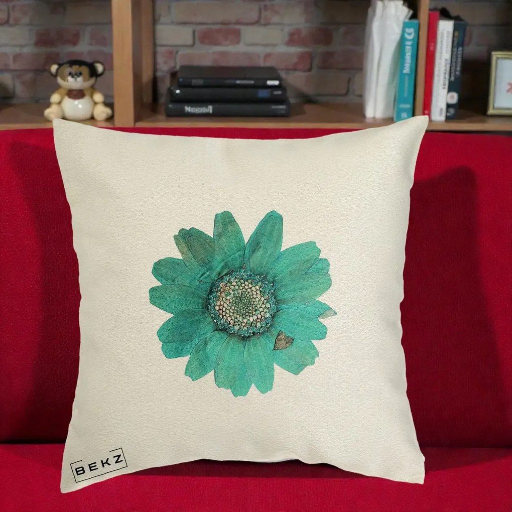 Perna Decorativa Floare Gerbera Teal Acuarela, 40x40 cm, Ecru, Husa Detasabila, Perna Inclusa, BEKZ®