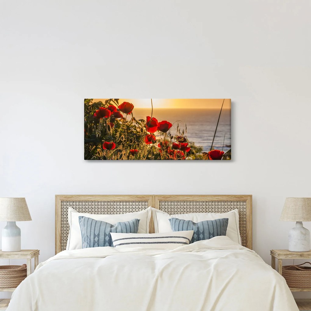Tablou cu apus de soare cu flori de maci (120x50 cm)