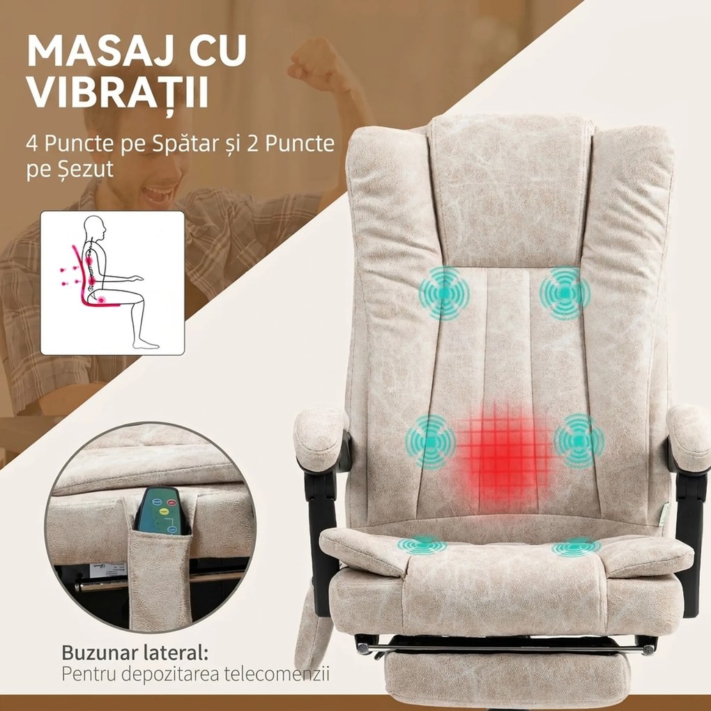 Vinsetto Scaun de Birou cu Masaj, Încălzire, Înălțime Reglabilă și Suport pentru Picioare, 62x70x113-120 cm, Crem | Aosom Romania