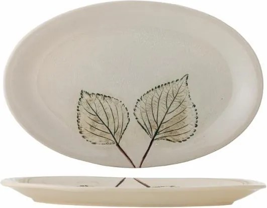 Platou de servire din ceramică artizanală natur cu finisaj antichizat și motive botanice cu frunze, 30×19×2 cm, "Aubrin