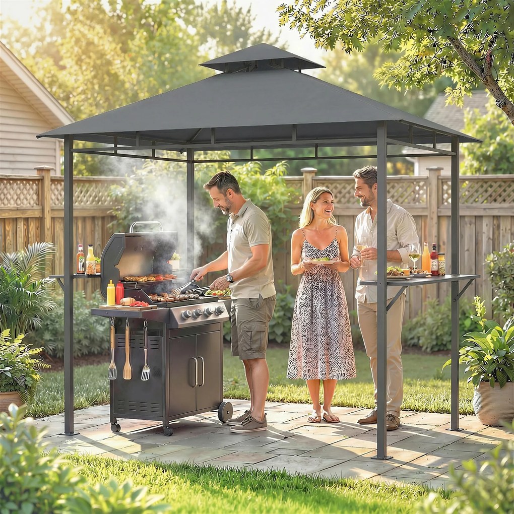 Outsunny Pavilion pentru grătar 2,4 x 1,4 m, Copertină pentru grătar rezistentă la vânt cu acoperiș dublu și orificiu de ventilare, rafturi laterale | Aosom Romania