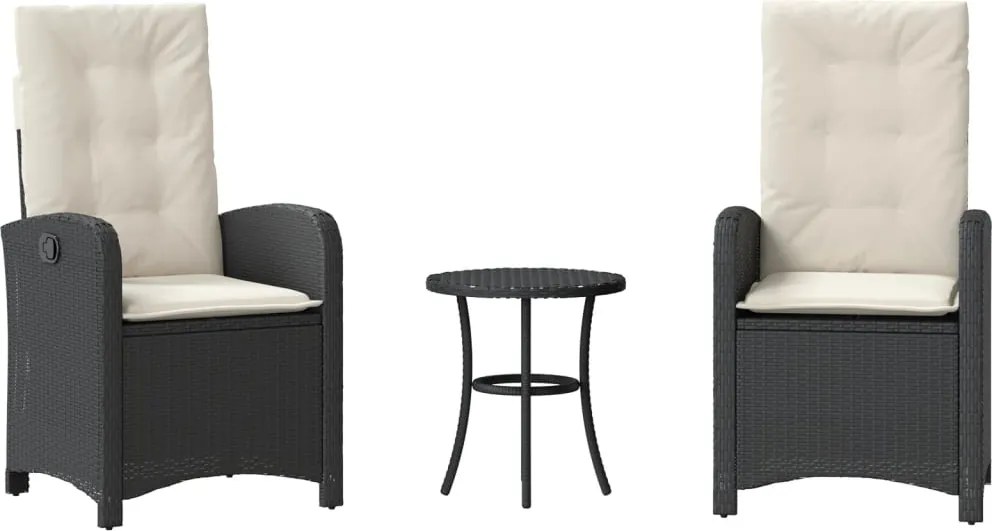 vidaXL Set bistro cu perne, 3 piese, negru, poliratan