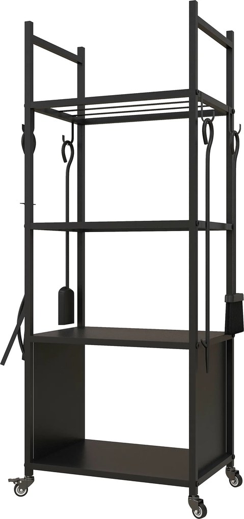 Outsunny Suport pentru Lemne de Foc de Interior și Exterior cu Roți și 4 Ustensile, cu Lopățică, Vătrai, Perie și Clește, Metal, 45 x 30 x 118 cm, Negru | Aosom Romania