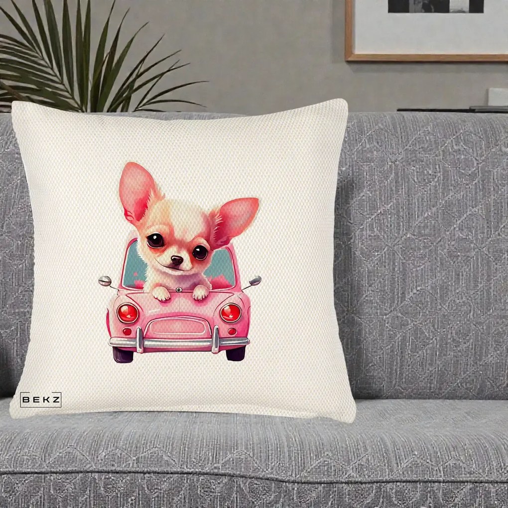 Perna Decorativa Chihuahua Roz in Masinuta, 40x40 cm, Crem Reliefat, Husa Detasabila, Perna Inclusa, BEKZ®