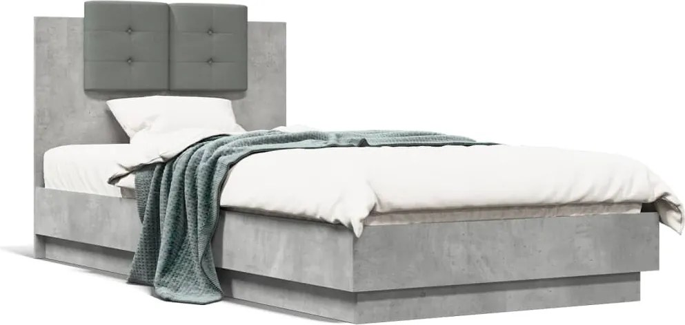 vidaXL Cadru de pat cu tăblie, gri beton, 90x190 cm, lemn prelucrat