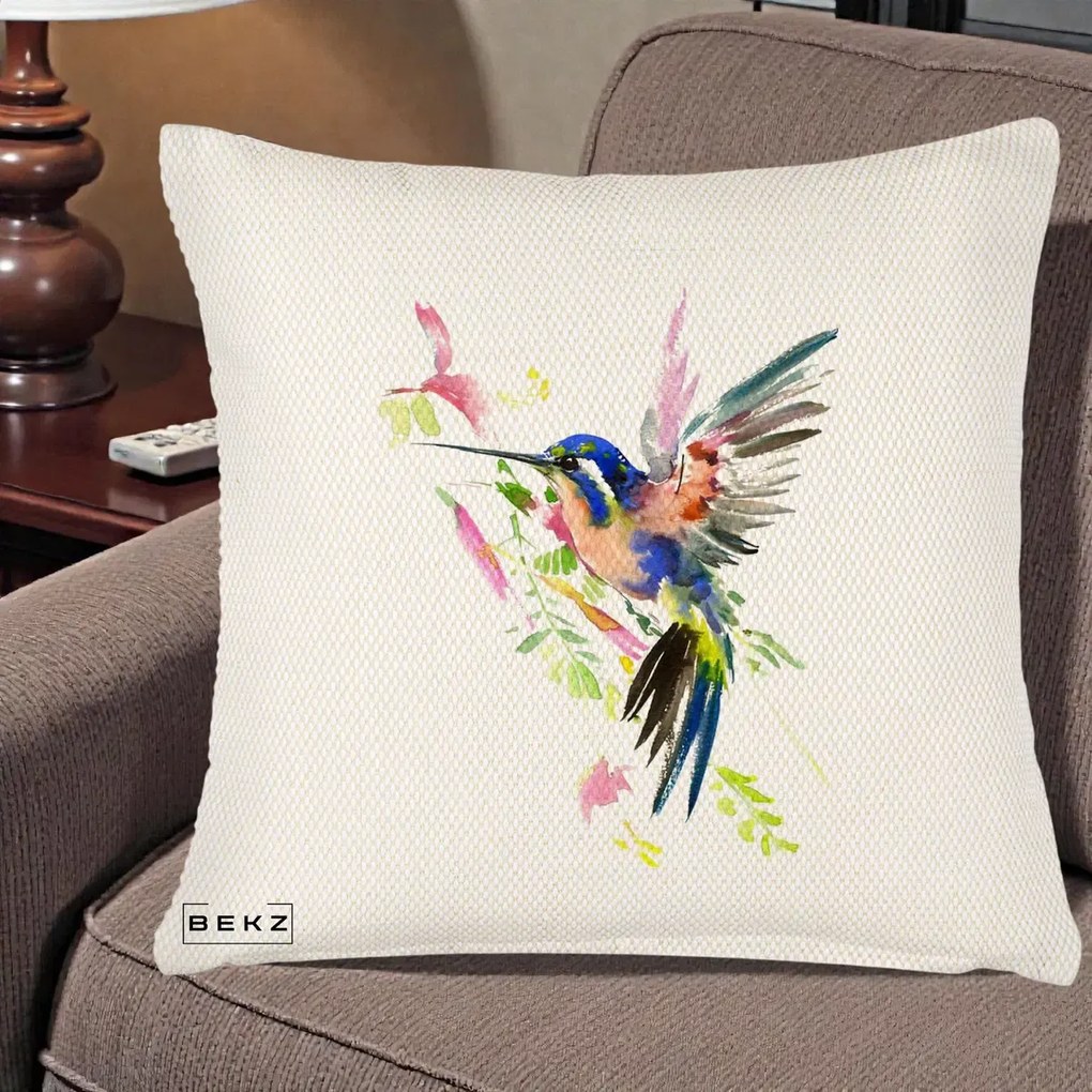 Perna Decorativa Colibri Acuarela, 40x40 cm, Crem Reliefat, Husa Detasabila, Perna Inclusa, BEKZ®