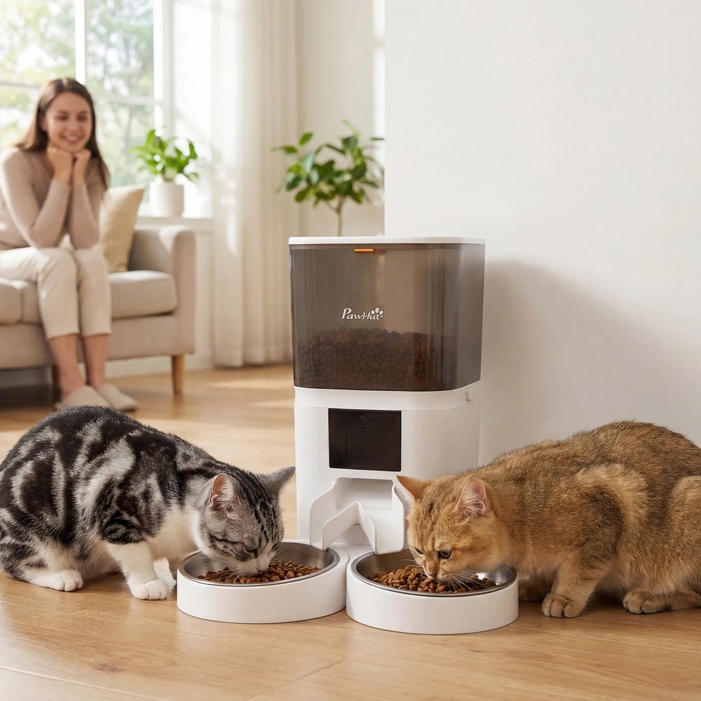 PawHut Distribuitor Automat Hrană Pisici 6L WiFi 2.4G, Control prin Aplicație cu Timer, 1-10 Mese pe Zi, Înregistrare 10s, 2 Boluri din Oțel Inoxidabil | Aosom Romania