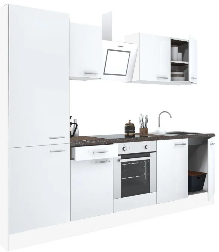 Mobilă de bucătărie Yorki 270, corp alb, față alb satinat, element inferior cuptor, dulap raft