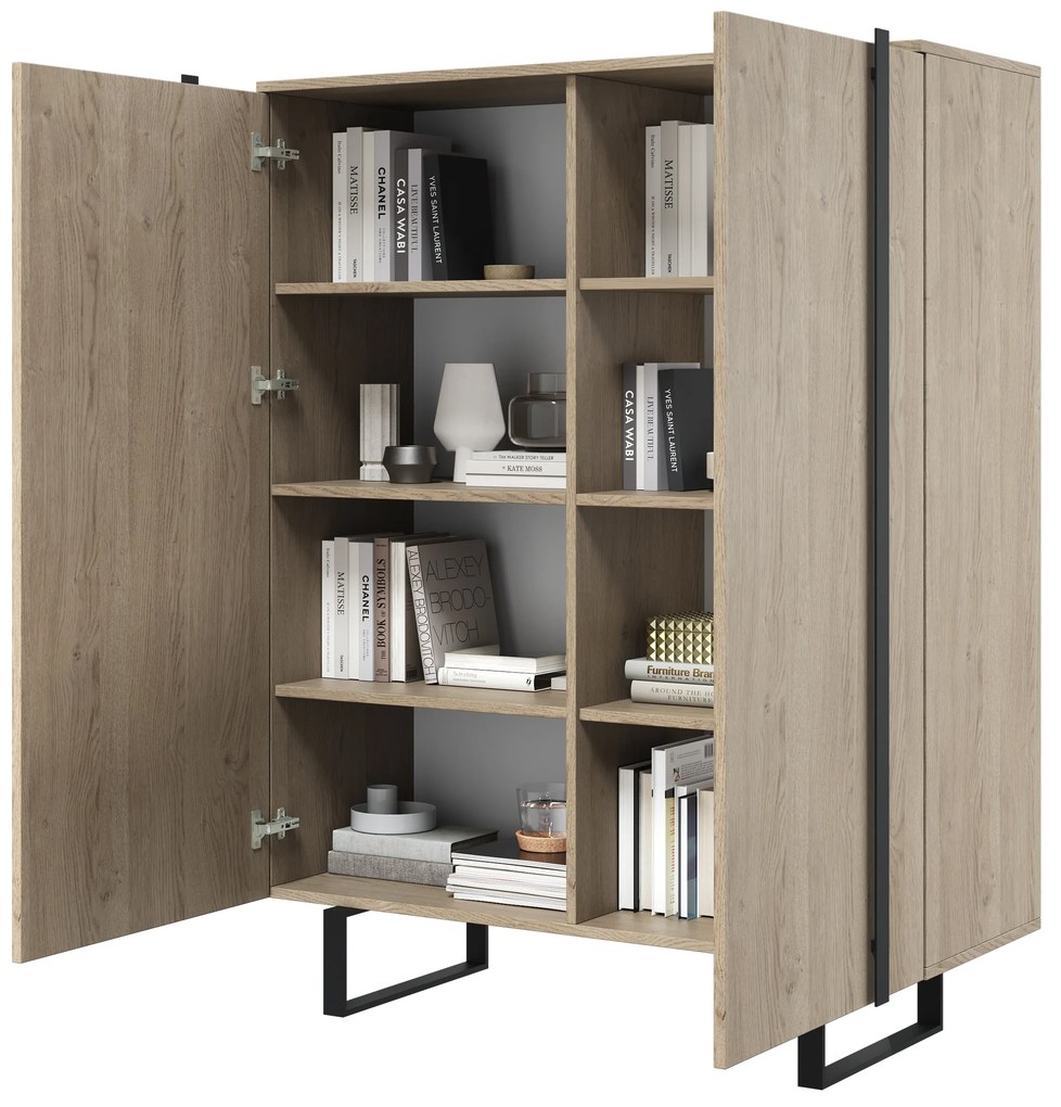 Comodă înaltă Verica 120 cm cu două uși - stejar biscuiți / picioare negre