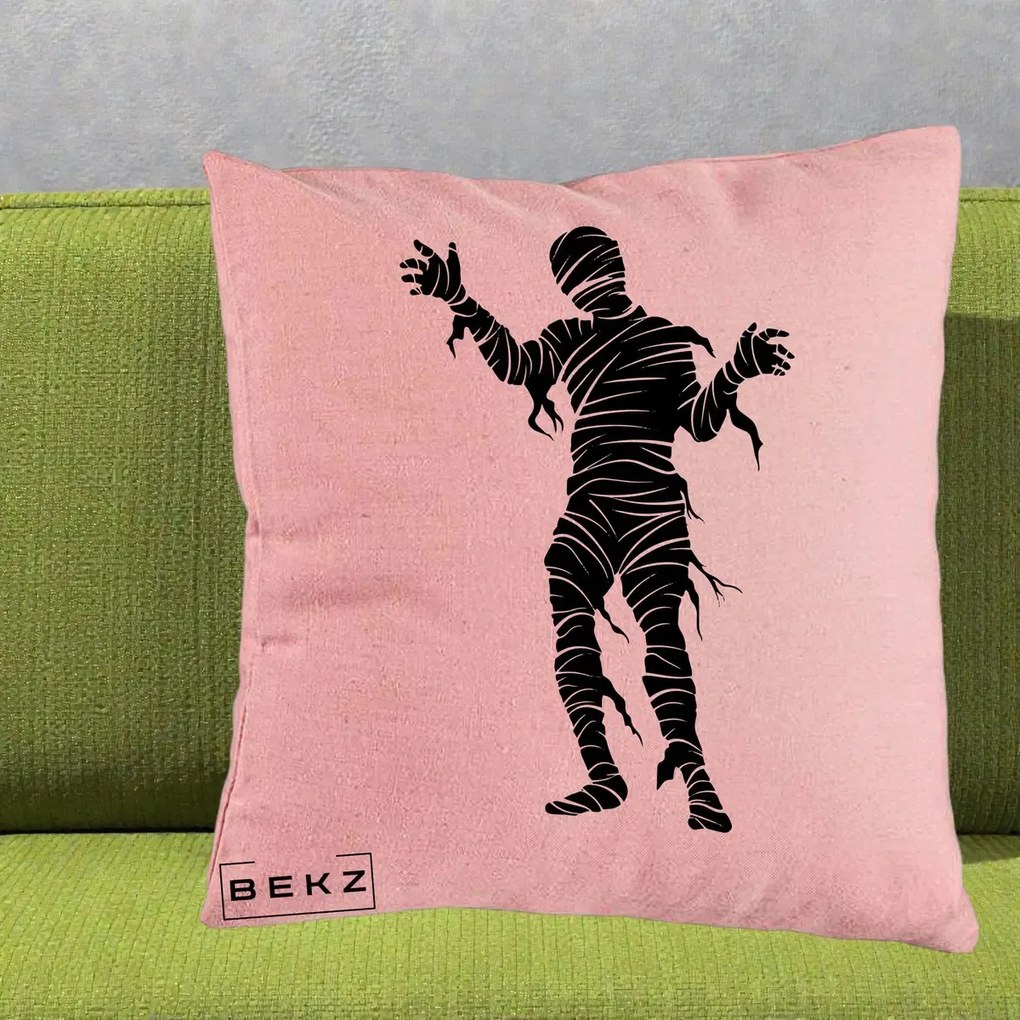 Perna Decorativa Mormii Infricosat Silueta Neagra Halloween, 40x40 cm, Roz, Husa Detasabila, Perna Inclusa, BEKZ®