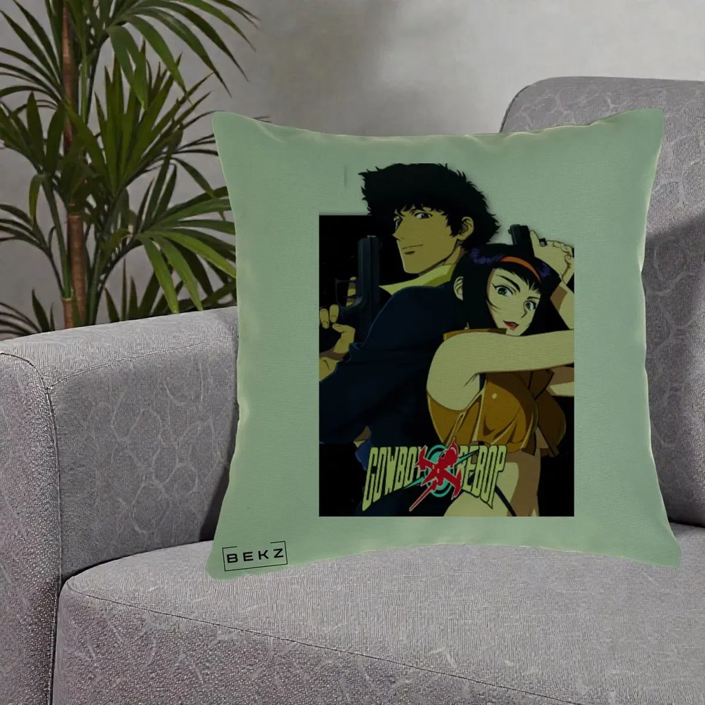 Perna Personalizata Cowboy Bebop Spike si Faye Poster, 40x40 cm, Verde, Husa Detasabila, Perna Inclusa, BEKZ®