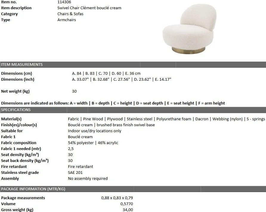 Fotoliu pivotant design LUX Clement boucle crem 114306 HZ