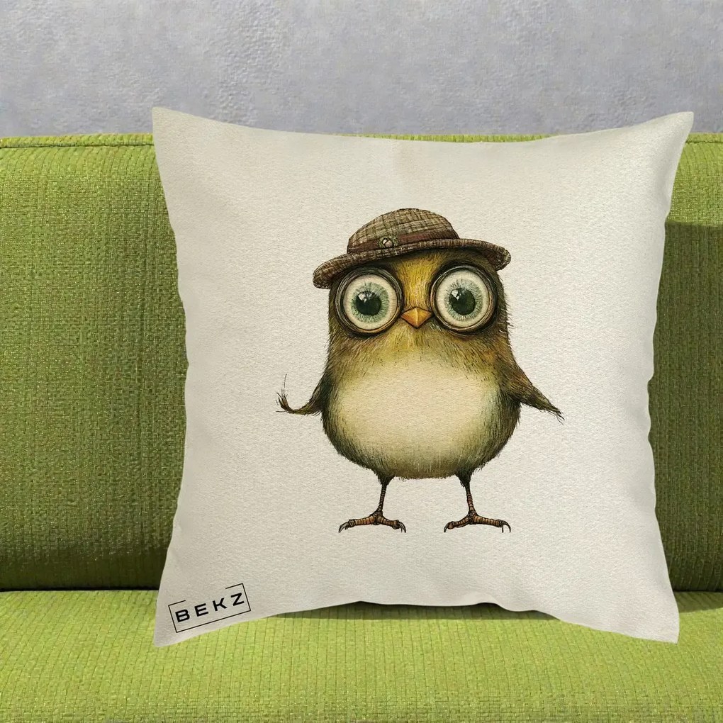 Perna decorativa Pui Intelectual cu Palarie Tweed, 40x40 cm cu Umplutura, Ecru, BEKZ