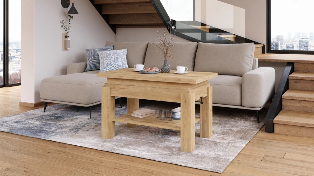 Mazzoni BRAWO Stejar Craft Auriu - MĂSUȚĂ DE CAFEA CU BLAT EXTENSIBIL ȘI RIDICABIL MASĂ CU RAFT