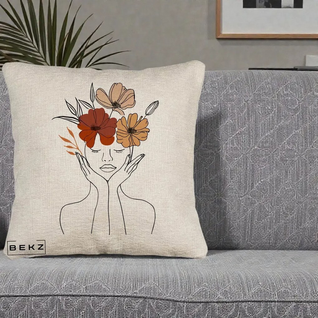 Perna Decorativa Portret Feminin Coroana Trei Flori, 40x40 cm, Bej Canapea, Husa Detasabila, Perna Inclusa, BEKZ®