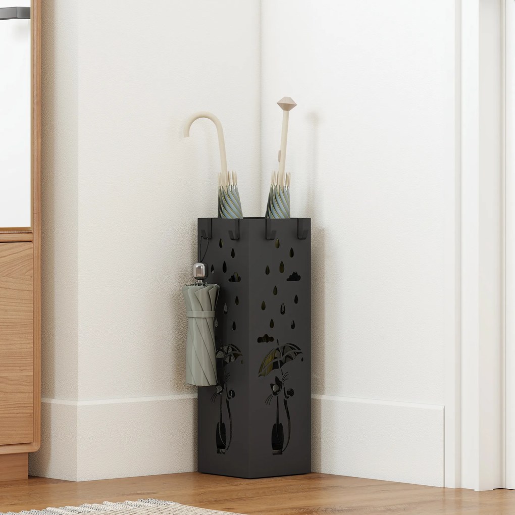 HOMCOM Suport de Umbrele Pătrat din Metal pentru Intrare, Suport Autoportant cu Tavă Detașabilă și 4 Cârlige, pentru Interior și Exterior, 15.5x15.5x49 cm, Negru | Aosom Romania