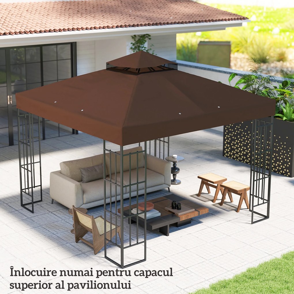Outsunny Acoperiș de Schimb pentru Foișor 3x3 m cu 2 Niveluri pentru Grădină, Copertină Rezistentă la Apă din Țesătură Oxford 370g/㎡ Anti-UV 30+ cu Orificii de Drenaj, Cafeniu | Aosom Romania