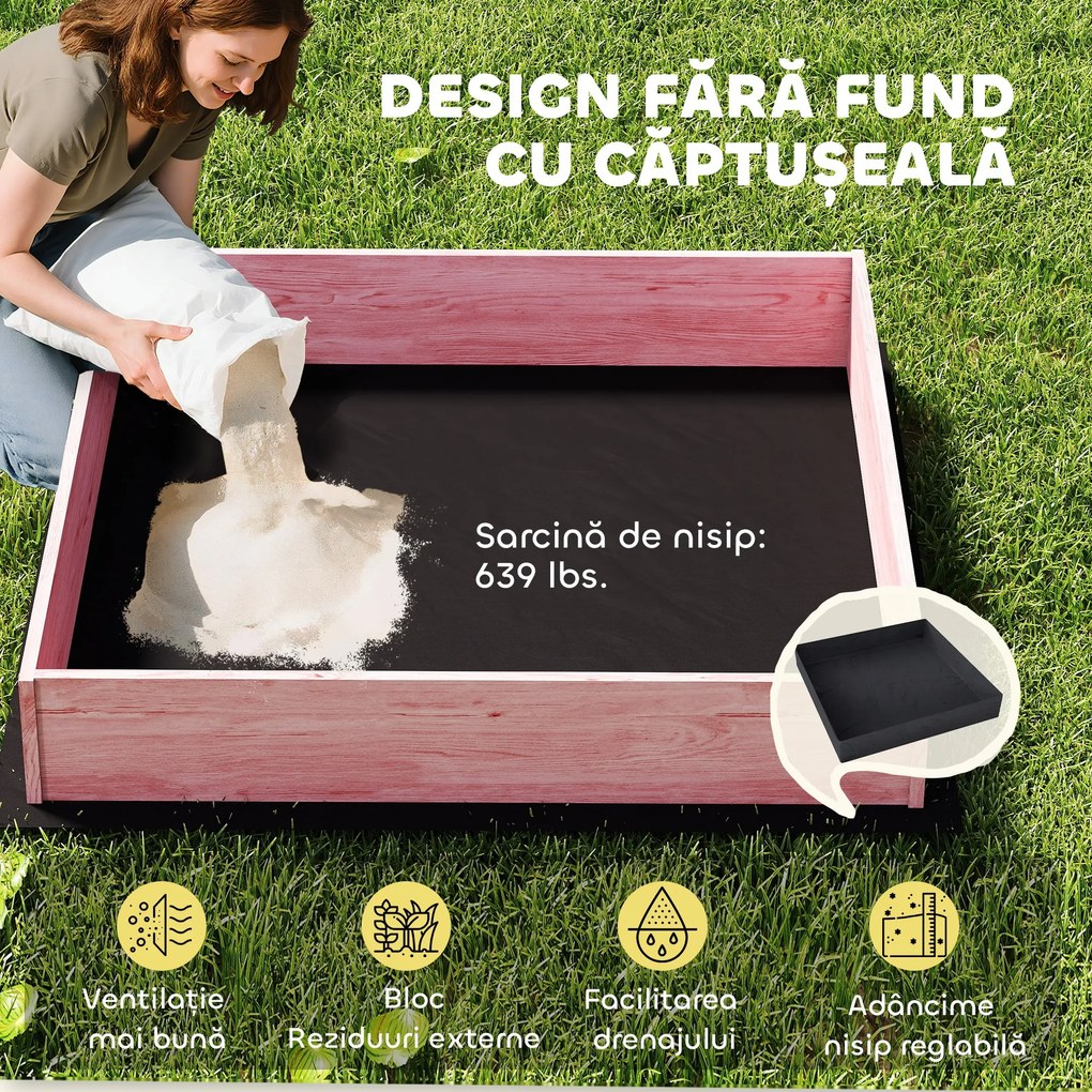 AIYAPLAY Ladă de Nisip pentru Copii 3-6 Ani cu Acoperiș cu Flamingo, Scaune Pliabile, Capac și Husă Incluse, Ladă de Joacă din Lemn de Brad, 134,5x127,5x130 cm, Roz | Aosom Romania