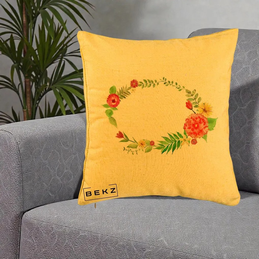 Perna Decorativa Coroana Florala Acuarela, 40x40 cm, Galben, Husa Detasabila, Perna Inclusa, BEKZ®