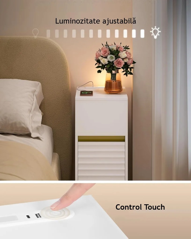 NOA2 - Set 2 Noptiere, 24 cm, foarte inguste, LED, USB si USB-C, Riflaje dormitor - Alb - Auriu
