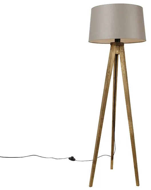 Lampă de podea rustică cu trepied din lemn vintage cu abajur din in taupe 45 cm - Tripod Classic