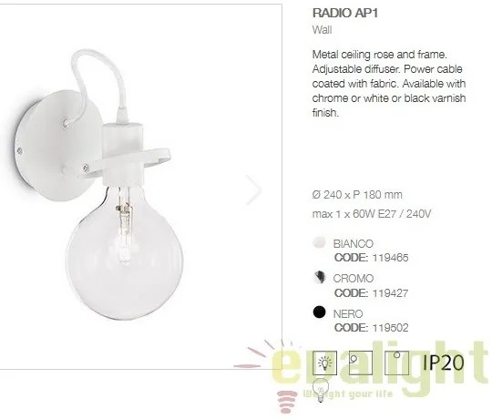 Aplica de perete design modern RADIO AP1 BIANCO 119465