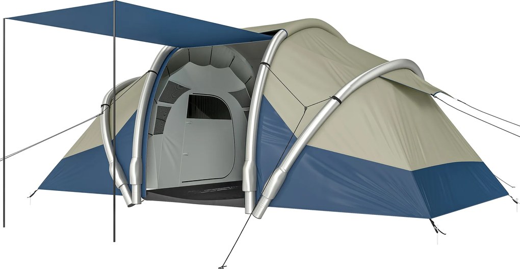 Outsunny Cort gonflabil 4 persoane Montare rapidă Camping exterior cu 2 dormitoare, ferestre din plasă, pridvor | Aosom Romania