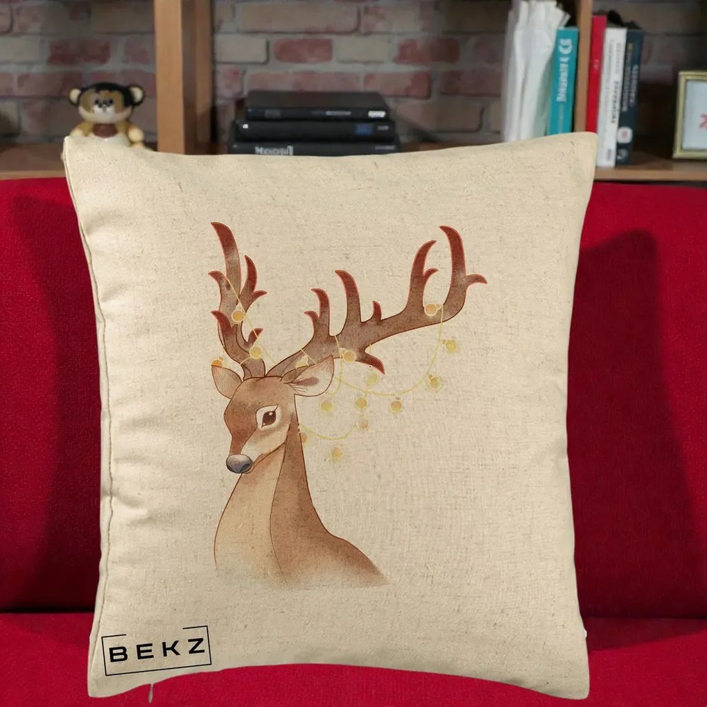 Perna Decorativa Ren cu Luminite de Craciun, 40x40 cm, Bej, Husa Detasabila, Perna Inclusa, BEKZ®