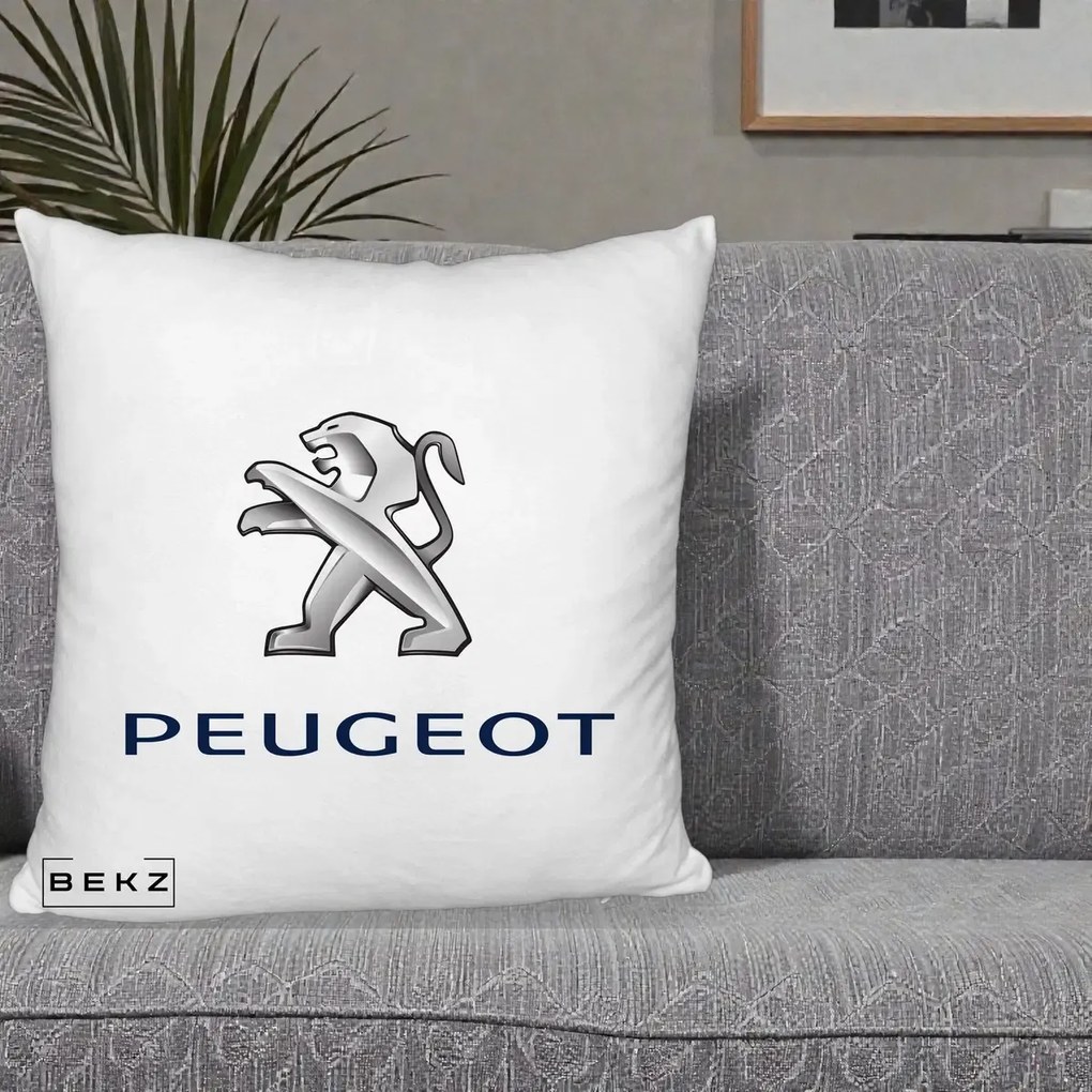 Perna Personalizata cu emblema Peugeot, 40x40 cm, Alb Pufos, Husa Detasabila, Perna Inclusa, BEKZ®