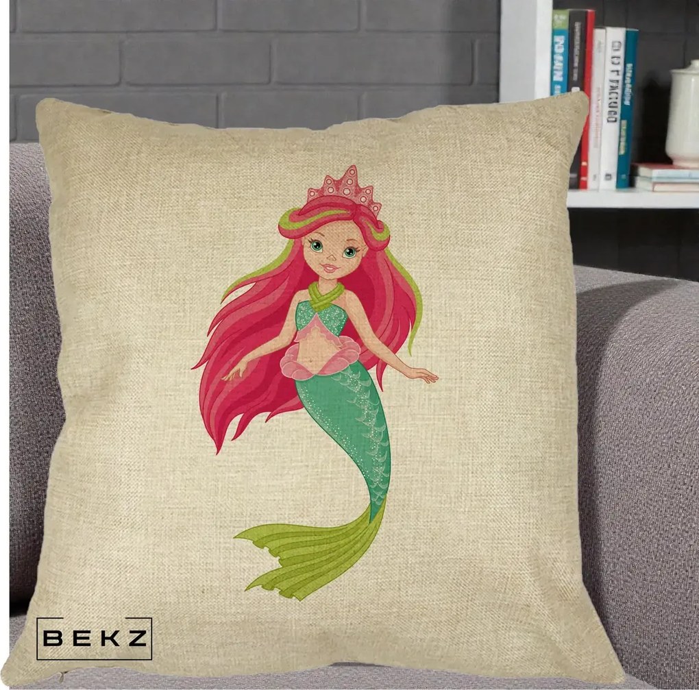 Perna Decorativa Sirena Roz cu Coroana, 40x40 cm, Crem, Husa Detasabila, Perna Inclusa, BEKZ®