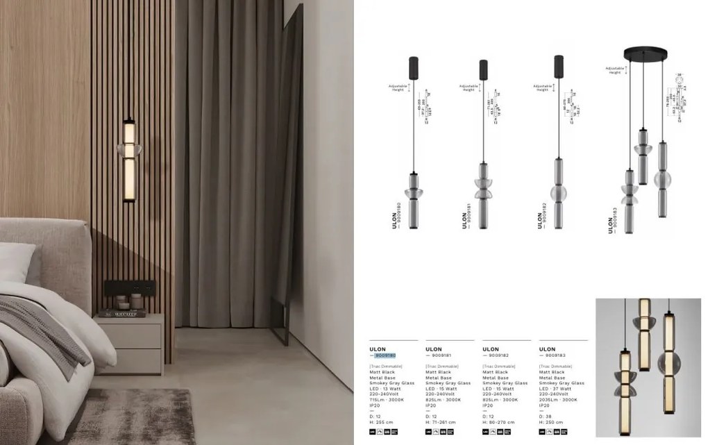 Pendul LED modern, Metal, Negru, Sticla, Fumurie, Ulon