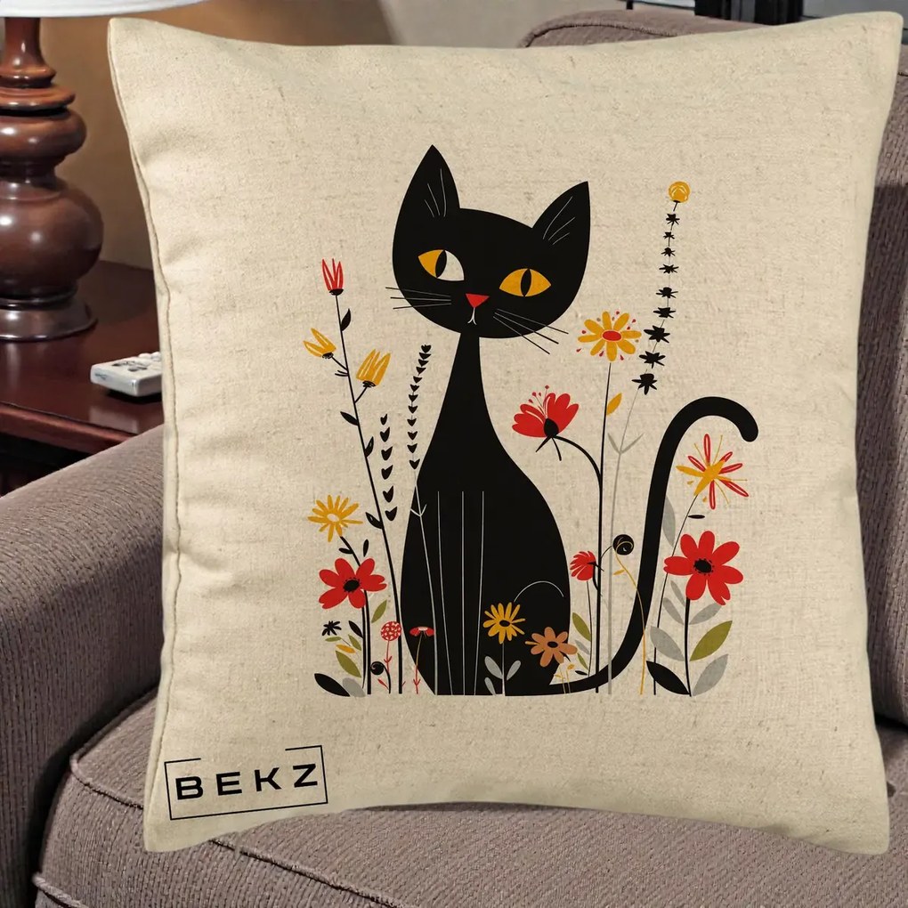 Perna Decorativa Pisica Neagra Ochi Galbeni Flori, 40x40 cm, Bej, Husa Detasabila, Perna Inclusa, BEKZ®