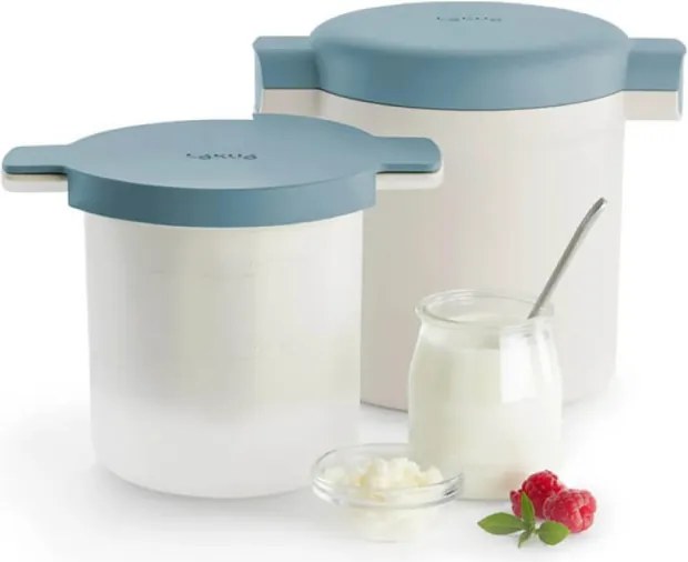 Set cupe preparare kefir si iaurt Lekue 1010155, 18,5 x 14,5 x 15,5 cm, +4°C / +90°C, Alb/Albastru