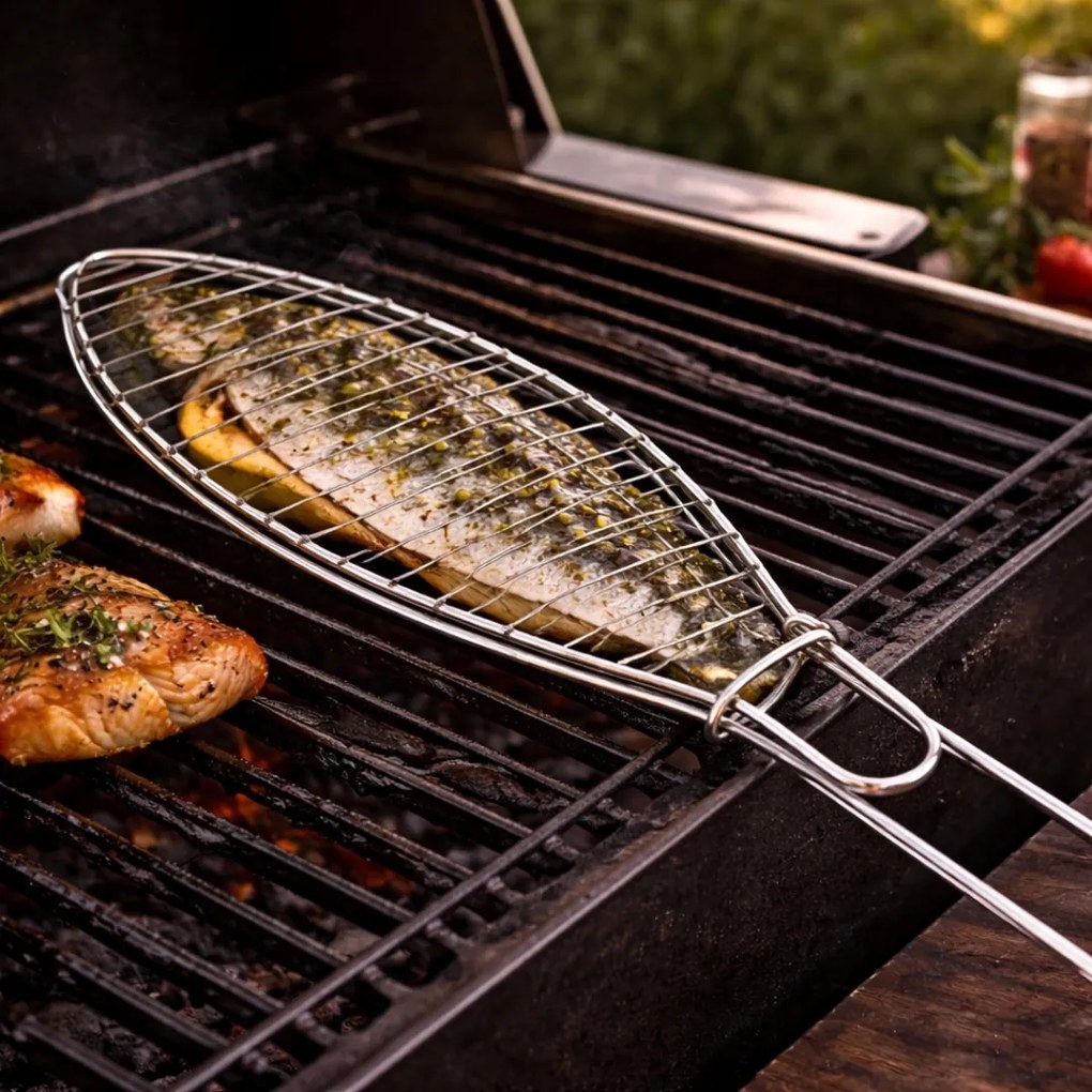 Gril pliabil pentru pește, 42x9 cm, suport metalic cromat, design practic pentru gătire uniformă, BBQ