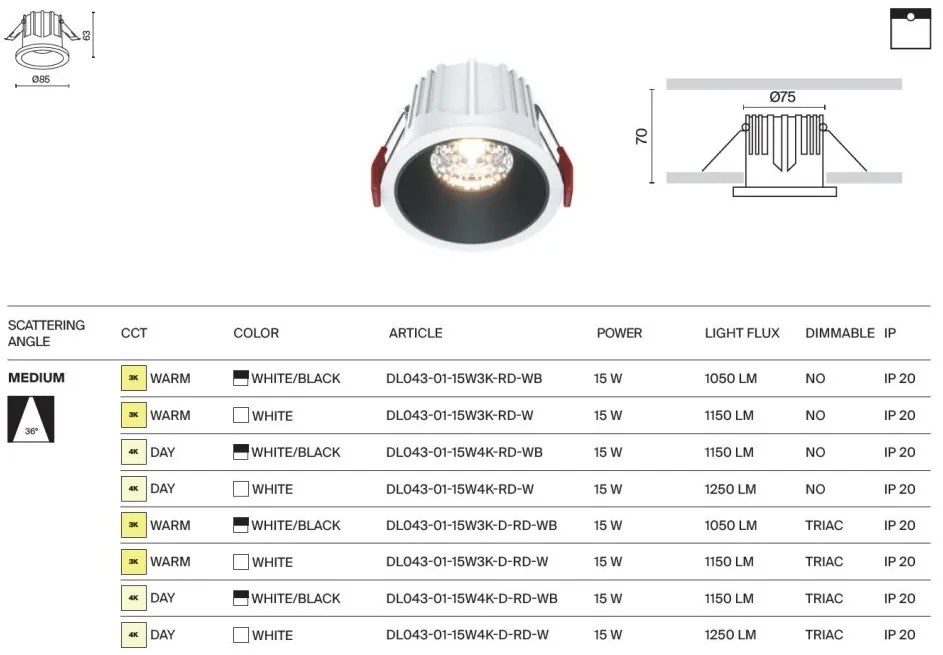 Spot LED incastrabil dimabil design tehnic Alpha alb, negru, 8,5cm, 3000K