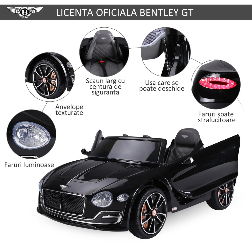 HOMCOM Mașină Electrică pentru Copii cu 2 Portiere, Bentley, Conducere manuală sau cu Telecomandă 108x60x43 cm, Negru | Aosom Romania