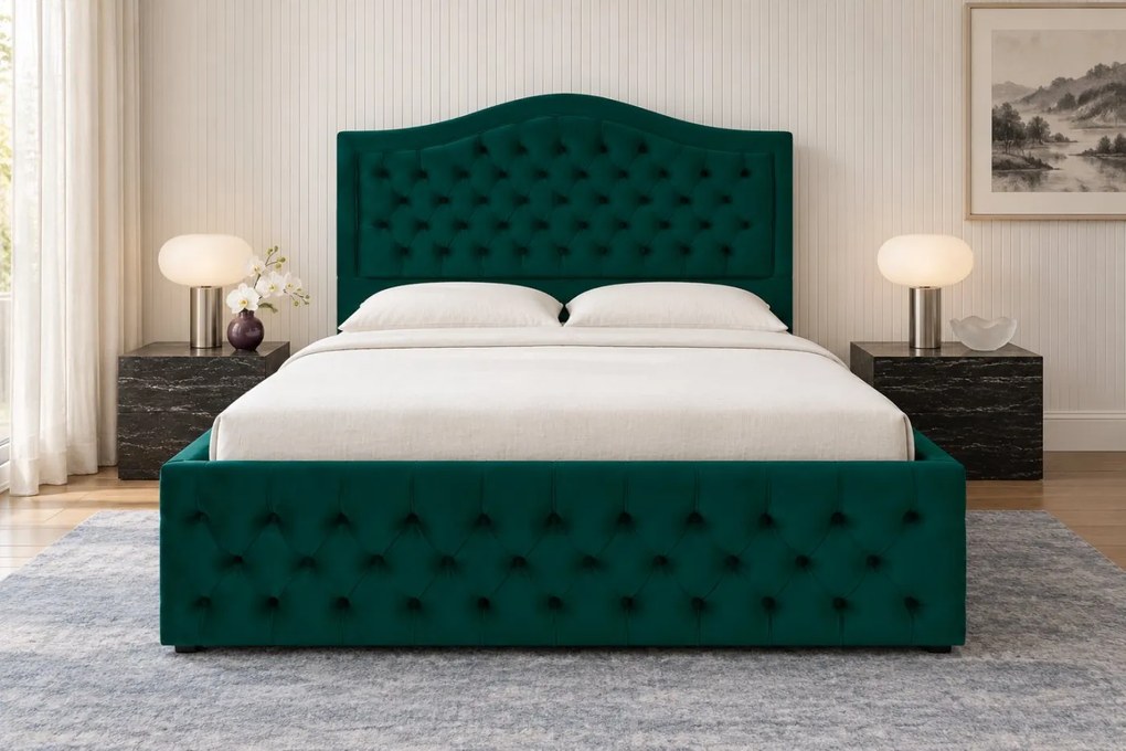 Pat tapițat din catifea Solaria 140×200 cm, verde, cu ladă de depozitare