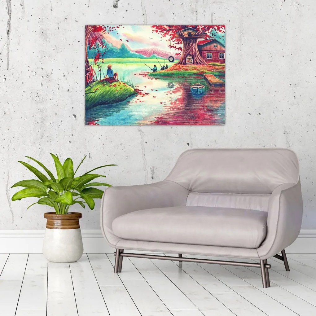 Tablou pe sticlă - Acuarelă, Golf într-un sat de munte (70x50 cm)