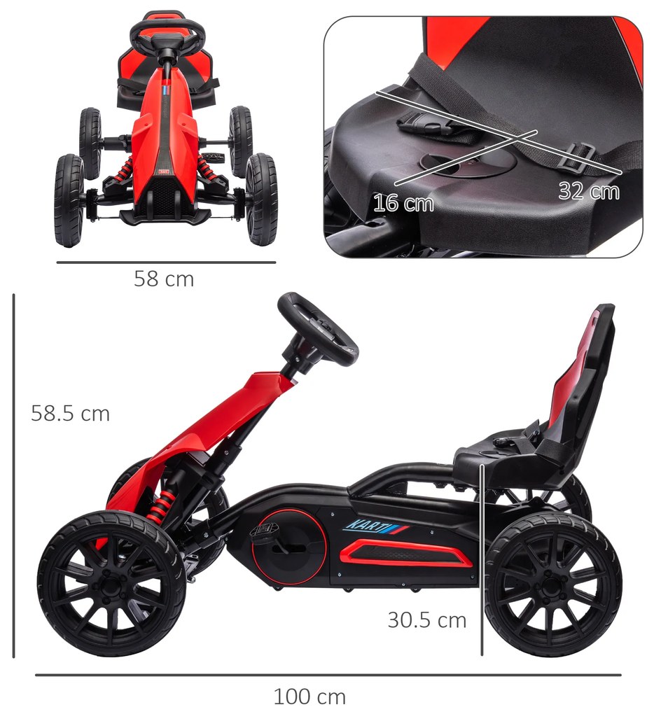 Kart cu pedale pentru copii cu vârsta între 3-8 ani cu scaun reglabil în 4 poziții și roți EVA, 100x58x58,5cm roșu și negru HOMCOM | Aosom Romania