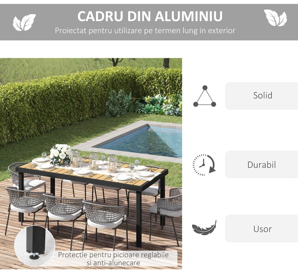 Masa de gradina Outsunny pentru 8 Persoane din Aluminiu, din Plastic pentru Terasa si Balcon, Negru si Culoare Lemn | Aosom RO