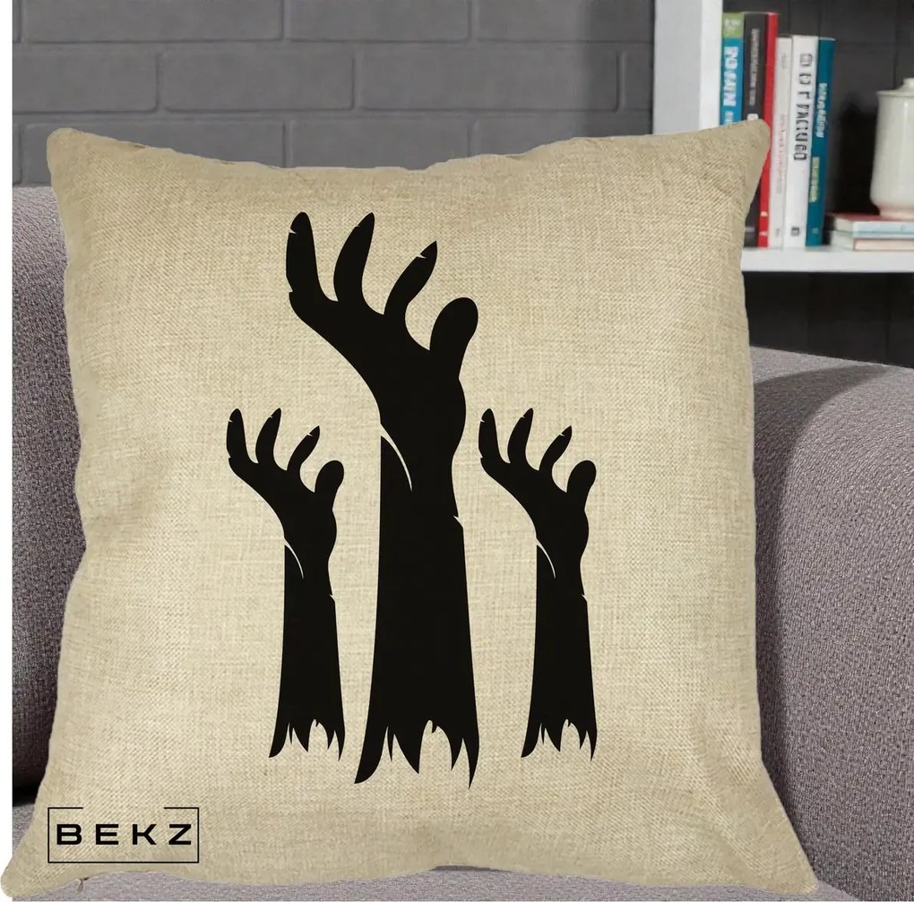 Perna Decorativa Halloween Maini Zombie Alb-Negru, 40x40 cm, Crem, Husa Detasabila, Perna Inclusa, BEKZ®